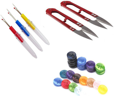 Crafts Haveli 3 Items Combo : 3 Seam Ripper, 20 Multi Button, 2 Thread Cutter