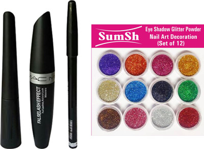 SumSh 3 in 1 Combo of Waterproof Eyeliner, Mascara With Eyebrow Pencil A-30, Eye Shadow Glitter Powder(2 Items in the set)