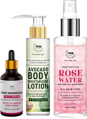 TNW - The Natural Wash kincare Combo of 3 with Avocado Body Lotion, Steam Distilled Rose Water & Pore Minimizing Face Serum(3 Items in the set)
