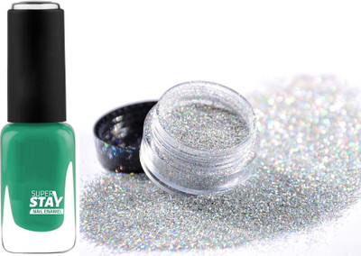 tanvi27 Combo pack mini loose glitter silver color with GREEN nail paint(2 Items in the set)