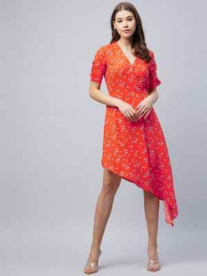 STYLESTONE Women Asymmetric Orange Knee Length Dress