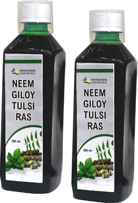 Pranacharya Greenshield Natural Neem Giloy Tulsi Juice with Cinnamon, Amla & Ginger for Immunity Booster(2 x 0.5 L)