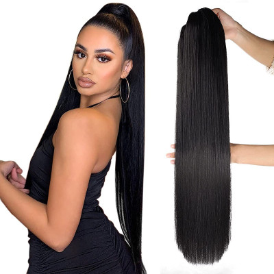 Thrift Bazaar Clip in Ponytail Extension Wrap Around Long Straight PonyTail Black Hair Extension