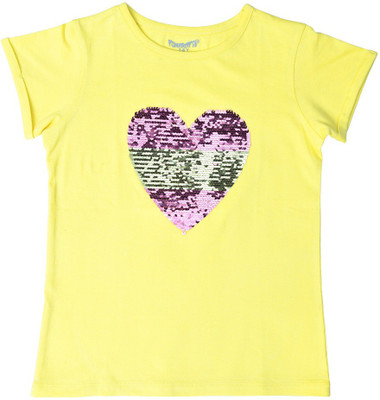 FunKrafts Girls Printed Pure Cotton Regular T Shirt(Yellow, Pack of 1)