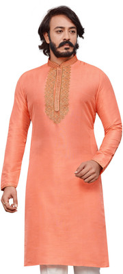 Kunj Creation Men Self Design Straight Kurta(Orange)