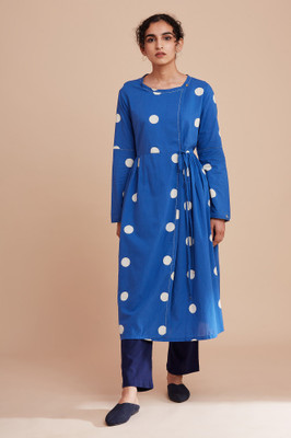 W Women Polka Print Flared Kurta(Blue)