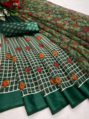 INITHI Geometric Print Ikkat Cotton Blend Saree(Green)