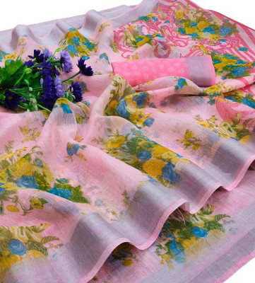 THIRA Floral Print Ikkat Cotton Blend Saree(Cream)