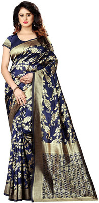 AD Saree Mall Solid/Plain Banarasi Silk Blend Saree(Dark Blue)