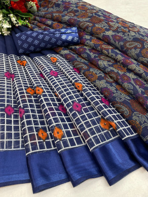 INITHI Geometric Print Ikkat Cotton Blend Saree(Blue)