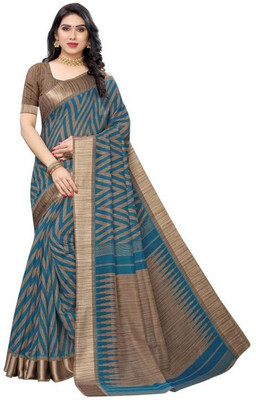 INITHI Printed Ikkat Cotton Blend Saree(Light Blue)