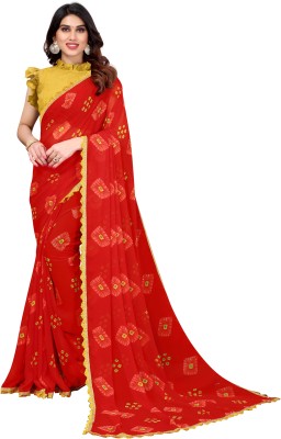 sarthi collection Printed, Blocked Printed, Geometric Print, Woven, Embellished, Floral Print Bandhani Georgette, Chiffon Saree(Red)