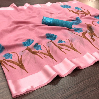 Aumki Floral Print Ikkat Cotton Blend Saree(Pink)