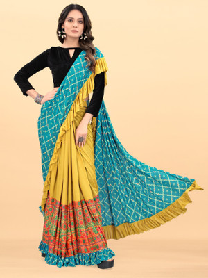 PANETAR Digital Print Bandhani Lycra Blend Saree(Light Blue)