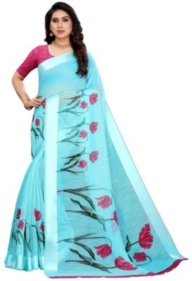 INITHI Floral Print Ikkat Cotton Blend Saree(Light Blue)