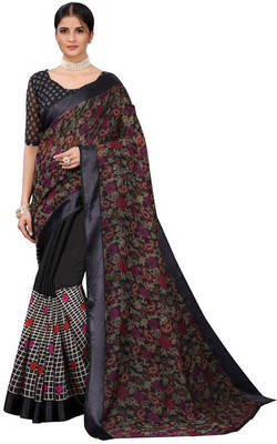 THIRA Floral Print Ikkat Cotton Blend Saree(Black)