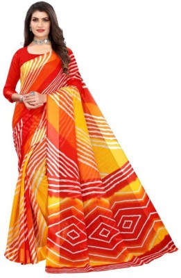 INITHI Printed Ikkat Cotton Blend Saree(Red, Yellow)