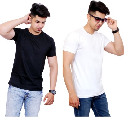 FARICON Solid Men Round Neck White, Black T-Shirt