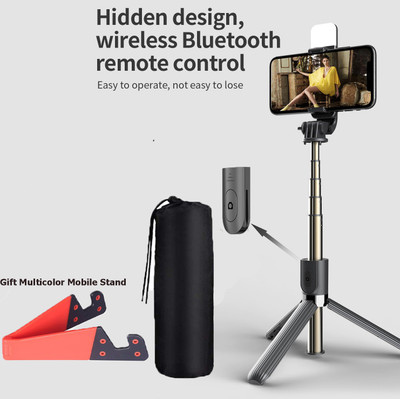 POZUB 3in1 Bluetooth Selfie Stick With LED Fill Light +Carry Bag+ Mobile Stand Holder Tripod, Monopod, Monopod Kit, Tripod Ball Head, Tripod Bracket, Tripod Clamp, Tripod Kit(Black, Supports Up to 600 g)