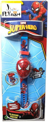 FLYmart Action Figure SpiderMan Face Based Web Shooter ToyWatch with Light (Multicolor LED rotating pattern Light) And Music For Kids(Red, Blue)