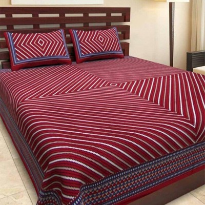 eTape 104 TC Cotton Double Striped Flat Bedsheet(Pack of 1, Maroon)