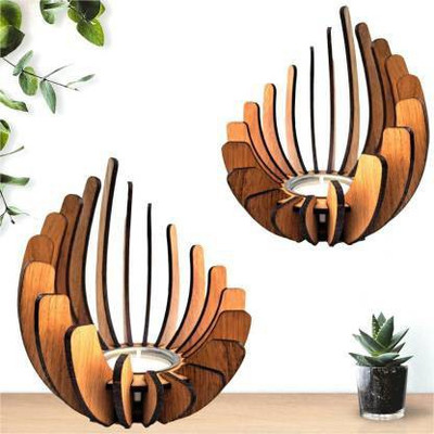 Zooglu W 03 Wooden Tealight Holder Set(Brown, Pack of 2)