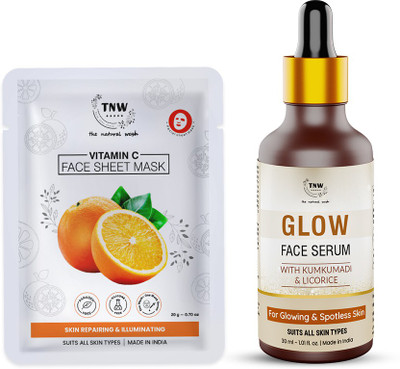 TNW - The Natural Wash Skincare Combo with Glow Face Serum & Vitamin C Face Sheet Mask | For Glowing & Hydrated Skin(2 Items in the set)