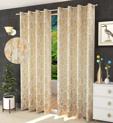 A Next Step 152.4 cm (5 ft) Velvet Semi Transparent Window Curtain (Pack Of 2)(Floral, Gold)