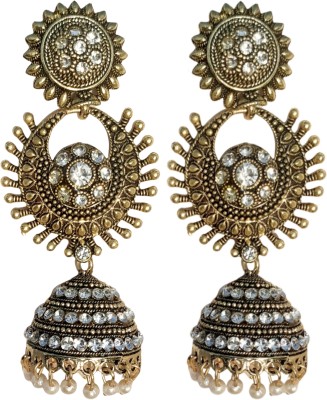 Afreen Golden Black Traditional Jhumki Earrings with white beads partywear Brass Jhumki Earring