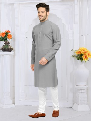 fabzy Men Solid Straight Kurta(Grey)