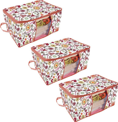 PrettyKrafts Underbed Storage Bag, Storage Organizer, Blanket Cover with Side Handles (Set of 3 pcs) -Multi Flower(Multicolor)