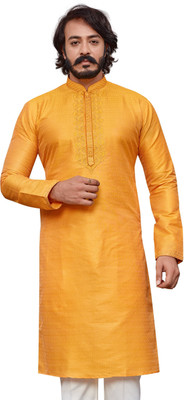 Kunj Creation Men Self Design Straight Kurta(Yellow)