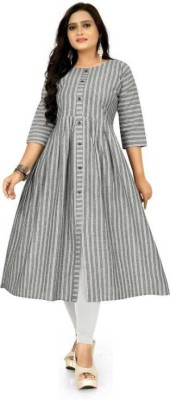 VIVIDH CREATIONS Women Striped A-line Kurta(White, Grey)