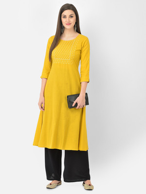 Span Women Embroidered A-line Kurta(Yellow)