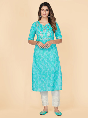 VBUYZ Women Printed Straight Kurta(Light Blue)