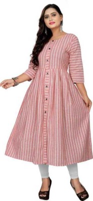 VIVIDH CREATIONS Women Striped A-line Kurta(White, Pink)