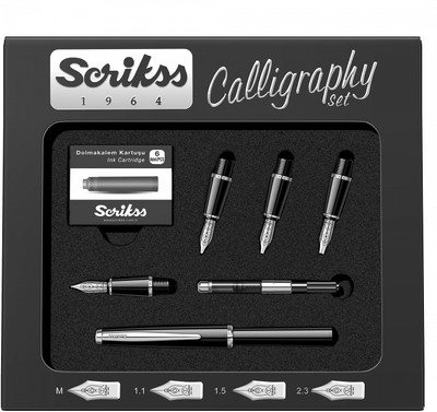Scrikss Calligraphy Pen Set Medium 1.1mm 1.5mm 2.3mm Nib Converter 6 Black Ink Cartridge Calligraphy(Pack of 5, Ink Color - Black)