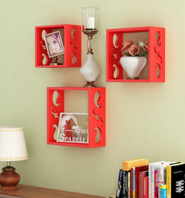 HOME SPARKLE Wooden Wall Shelf For Home Decor MDF (Medium Density Fiber) Wall Shelf(Number of Shelves - 3, Red)