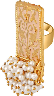 Stefan Meenakari Work Rectangular Shape Finger Ring Alloy Pearl Gold Plated Ring