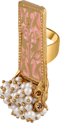 Stefan Meenakari Work Rectangular Shape Finger Ring Alloy Pearl Gold Plated Ring