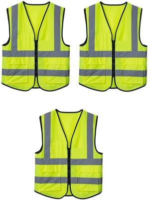 WeighTAJ 3 High Visibility Reflective Safety Zipper Polyester Fabric Jacket with 2 Pocket Safety Jacket(Neon Green)