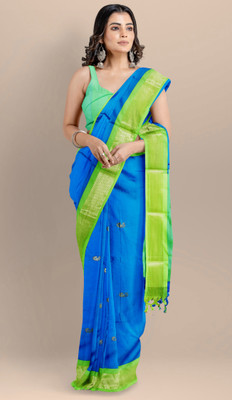 Mysstre Self Design Paithani Cotton Silk Saree(Blue)