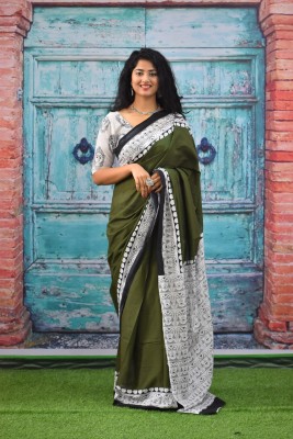 Jalther Printed Ikkat Pure Cotton Saree(Green, White)