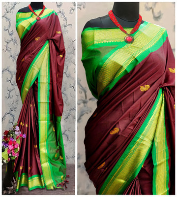 Mysstre Woven Paithani Cotton Silk Saree(Brown)
