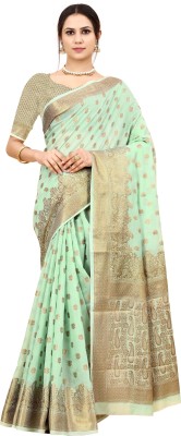 nikchi hub Woven Banarasi Cotton Silk Saree(Light Green)