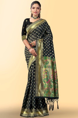 RYN ENTERPRISE Self Design, Woven Kanjivaram Jacquard, Cotton Silk Saree(Black)