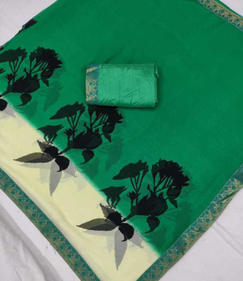 RUKHA FAB Printed, Self Design, Ombre, Temple Border, Geometric Print, Floral Print, Polka Print Daily Wear Georgette, Chiffon Saree(Green)