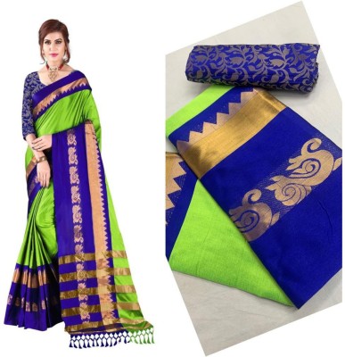 Fancy Fab Woven Pochampally Pure Silk, Cotton Silk Saree(Dark Blue, Light Green)