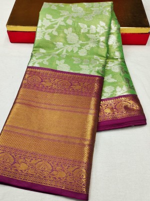 PHEASANT Self Design, Temple Border, Woven, Embellished, Applique, Polka Print Kanjivaram Art Silk Saree(Silver, Gold, Light Green)