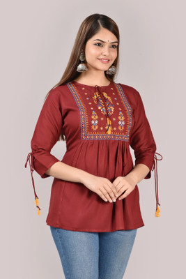 TUHINZIFAB Casual Embroidered Women Maroon Top